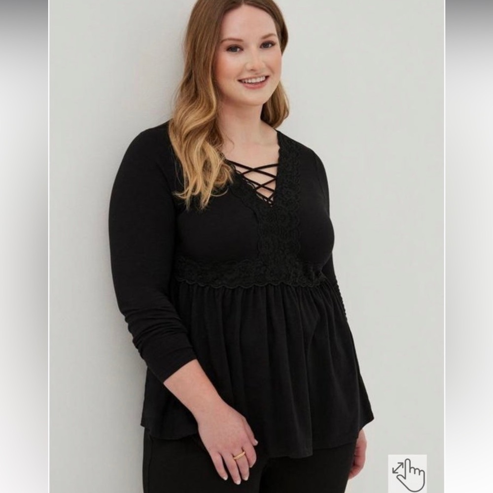 Torrid Babydoll Super Soft V-Neck Lace-Up Lace Trim Top
